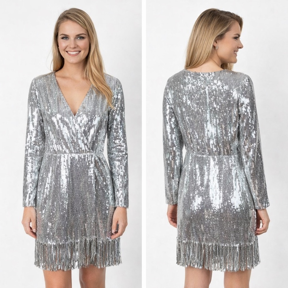 Nova Luxe Women’s Silver Sequined Fringe Party Evening Dress Size Small